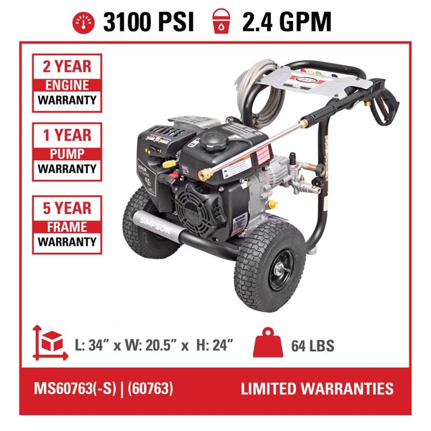 Simpson Megashot MS60763-S Kohler 3100 Psi Gas 2.4 Gpm Pressure Washer 7 Simpson Megashot MS60763-S Kohler 3100 Psi Gas 2.4 Gpm Pressure Washer - Image 7